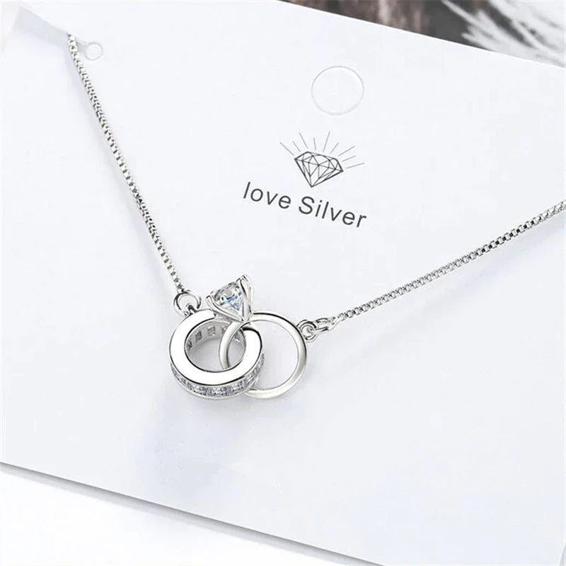 Silberkette mit Doppelring-Anhänger, Zirkonia, Damen-Schmuck, elegant, Geschenkidee.