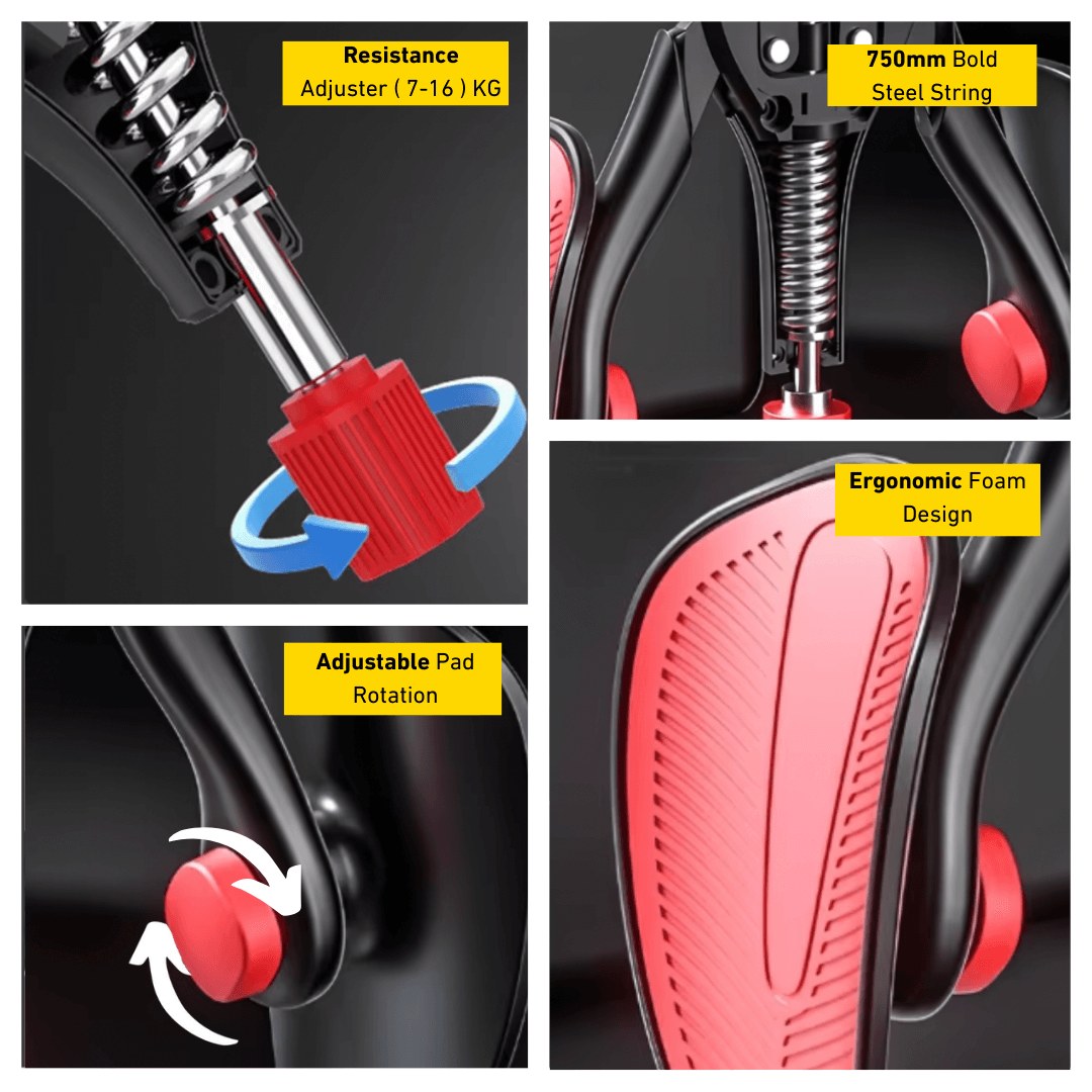 Nahaufnahme Fitnessgerät mit verstellbarem Widerstand, ergonomischem Schaumstoffgriff, Stahlfeder.