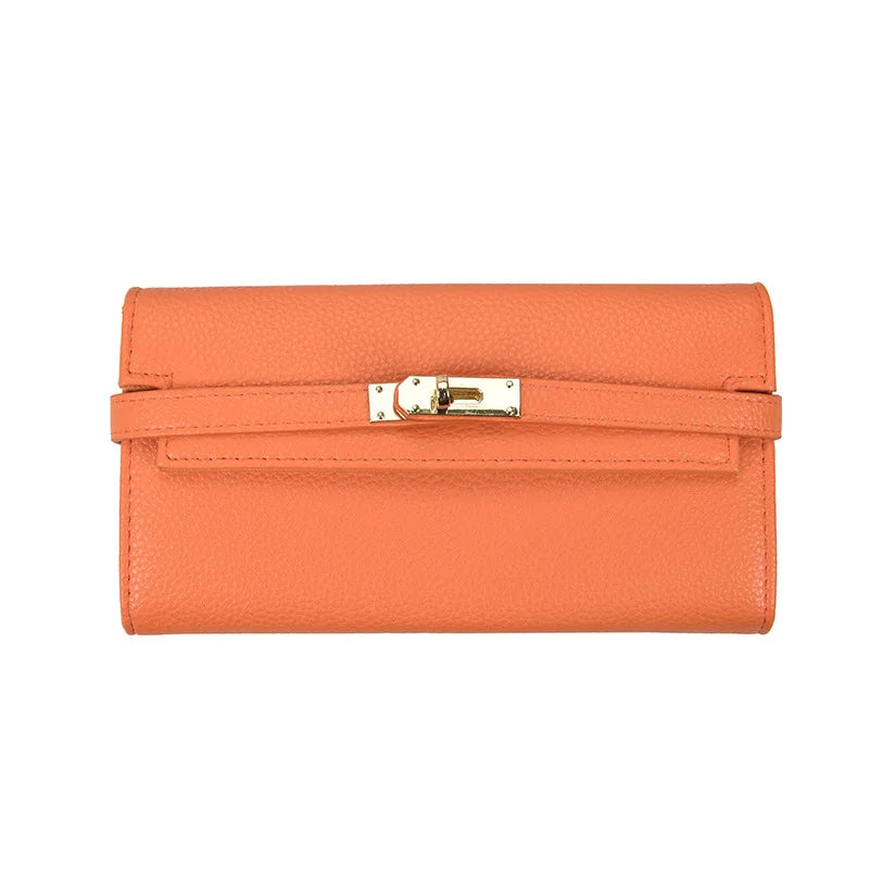 Orange Leder-Geldbörse mit goldener Schnalle, Damen-Accessoire, elegant und stilvoll.