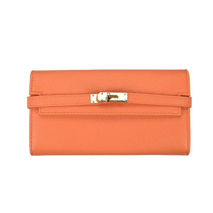 Orange Leder-Geldbörse mit goldener Schnalle, Damen-Accessoire, elegant und stilvoll.