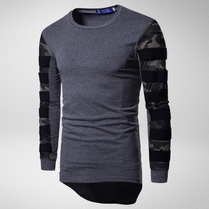 Graues Herren-Langarmshirt mit Tarnmuster-Ärmeln, Baumwolle, modisch, lässig.