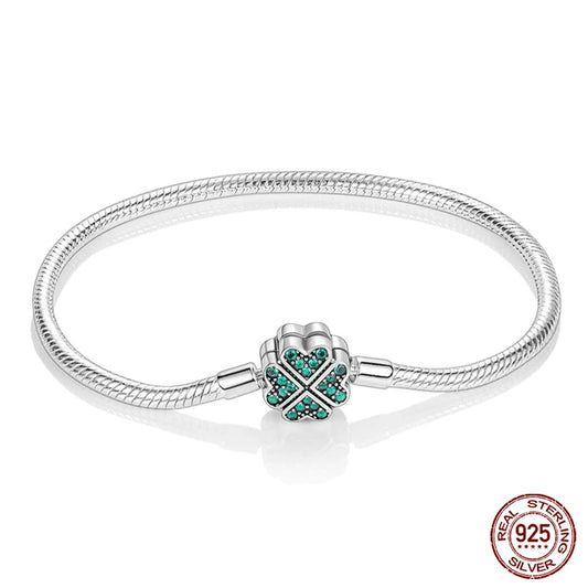 Silberarmband mit Kleeblatt-Anhänger, grüne Kristalle, 925 Sterling Silber, Damen-Schmuck.