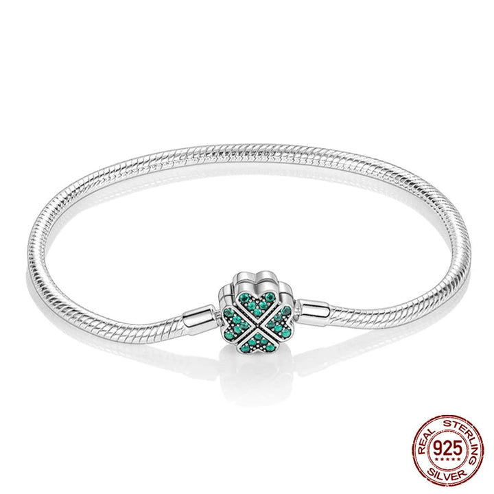 Silberarmband mit Kleeblatt-Anhänger, grüne Kristalle, 925 Sterling Silber, Damen-Schmuck.