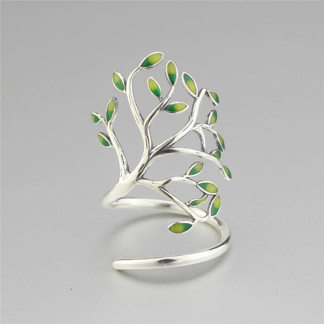 Silberner Ring mit grünem Blattdesign, verstellbar, modisch, Schmuck für Damen.