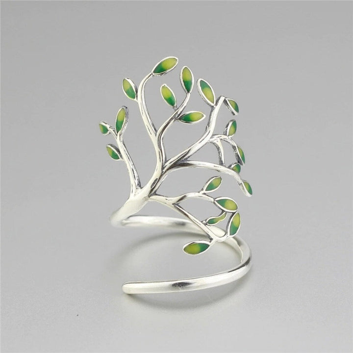 Silberner Ring mit grünem Blattdesign, verstellbar, modisch, Schmuck für Damen.