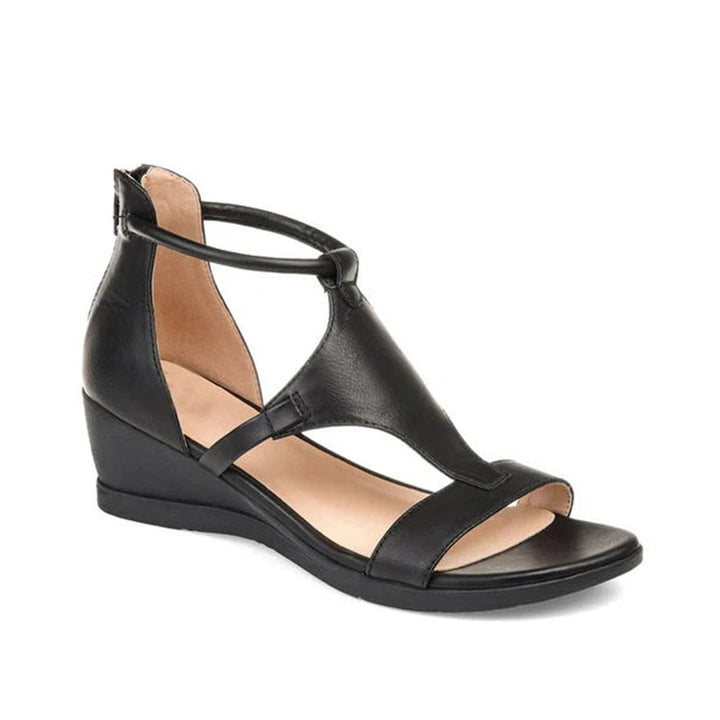 Schwarze Damen-Sandale mit Keilabsatz, Leder, elegant, bequem, Sommerschuh.
