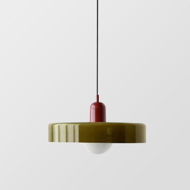 Moderne Hängelampe, olivgrün und rot, minimalistisches Design, Wohnzimmerbeleuchtung.