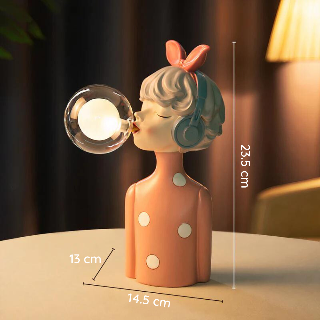 Keramiklampe Mädchenfigur mit Kopfhörern, rosa Kleid, 23,5 cm, moderne Deko, Tischleuchte.