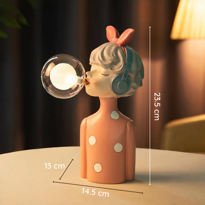 Keramiklampe Mädchenfigur mit Kopfhörern, rosa Kleid, 23,5 cm, moderne Deko, Tischleuchte.