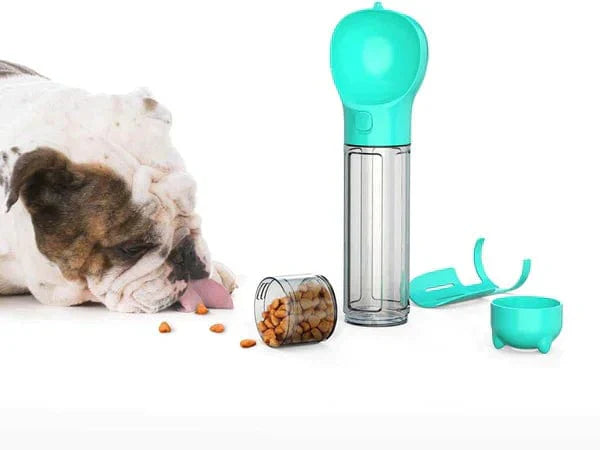 Türkise 3-in-1 Hundetrinkflasche mit Futterbehälter und Napf, ideal für unterwegs.