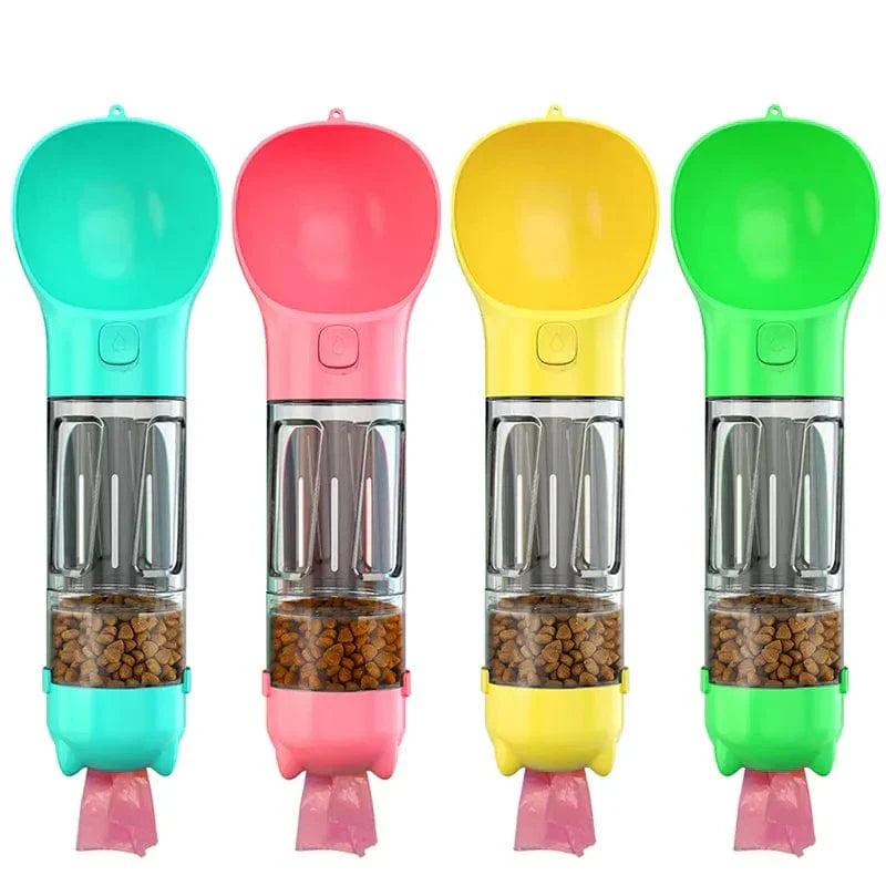 Bunte 3-in-1 Hundetrinkflasche mit Futterbehälter, tragbar, ideal für unterwegs.