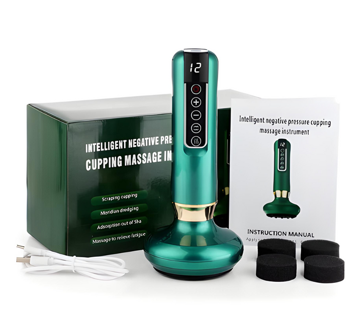Elektrisches Massagegerät gegen Cellulite, grün, mit Zubehör und Anleitung, für Heimtherapie.