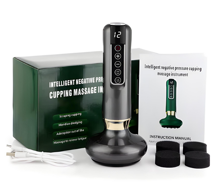 Elektrisches Schröpfgerät, schwarz, mit Zubehör und Anleitung, gegen Cellulite, Heimtherapie.