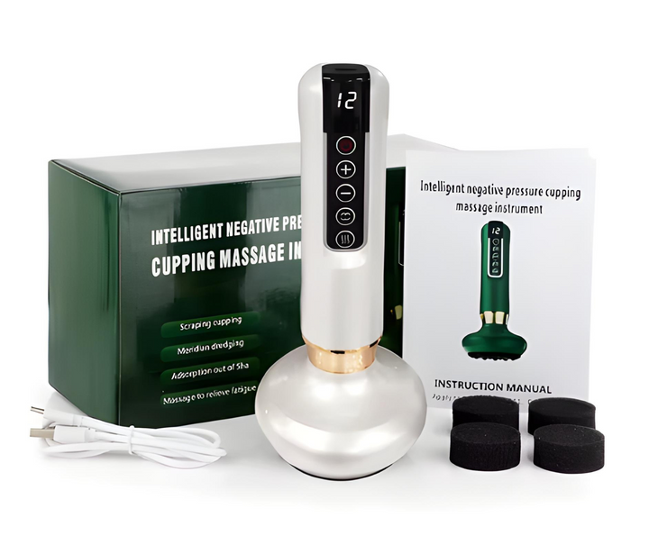 Elektrisches Schröpfmassagegerät gegen Cellulite, weiß, mit Zubehör und Anleitung.