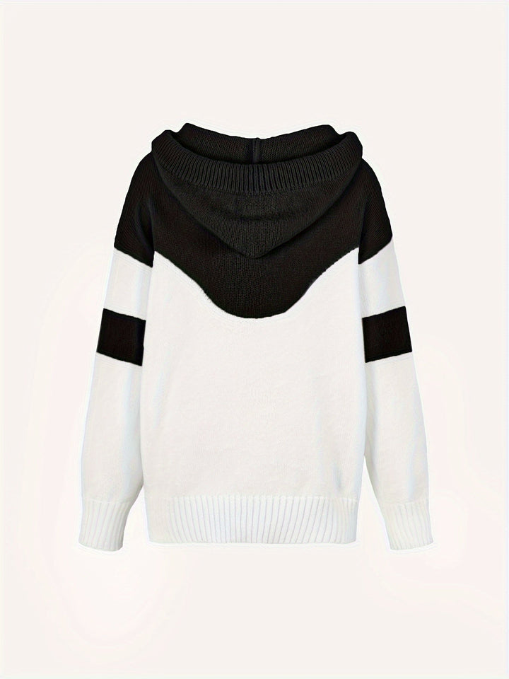 Schwarz-weißer Kapuzenpullover, Strick, Unisex, modisch, warm, Freizeitkleidung.