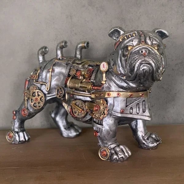 Steampunk Bulldog Skulptur, silber, Zahnräder, mechanisch, Deko, Retro, Metalloptik