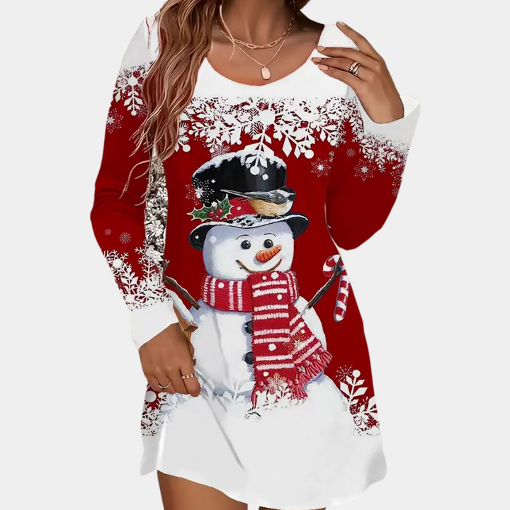 Damen-Weihnachtskleid mit Schneemann-Motiv, rot-weiß, langärmelig, festlich, Baumwolle.