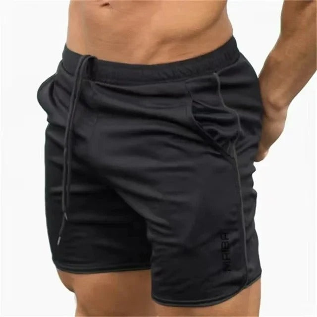 Schwarze Herren-Trainingsshorts, atmungsaktiv, elastisch, mit Kordelzug, Fitnessbekleidung.