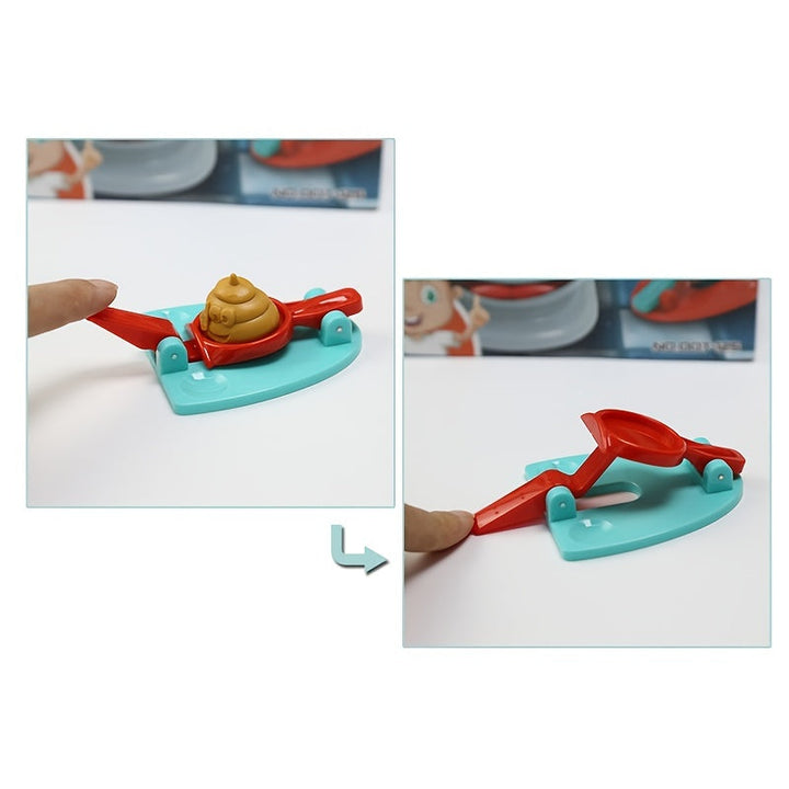 Rotes und blaues Spielzeug-Katapult mit brauner Kacke-Figur, Kinder-Spielzeug, lustig.