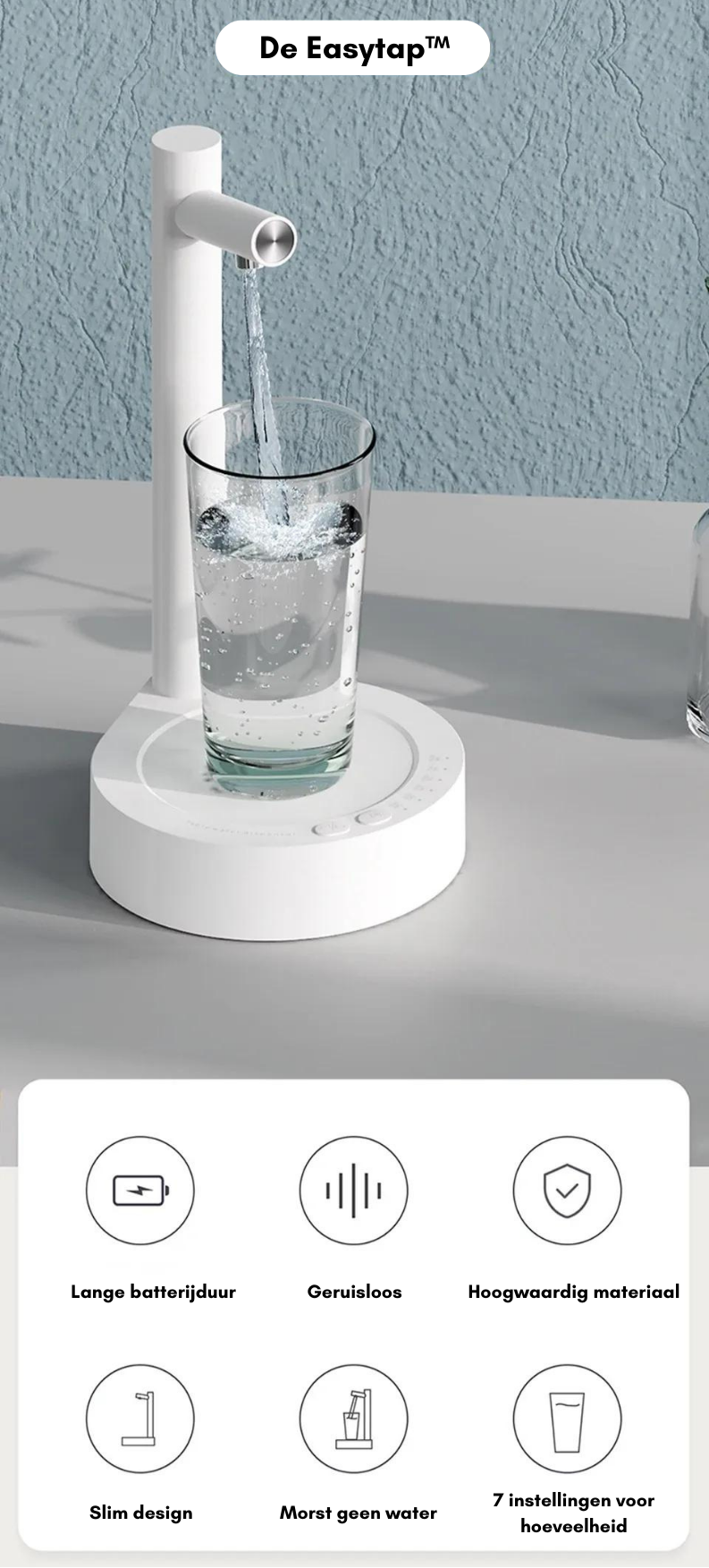 Weiße automatische Wasserpumpe, schlankes Design, Glasfüllung, langlebig, geräuschlos.