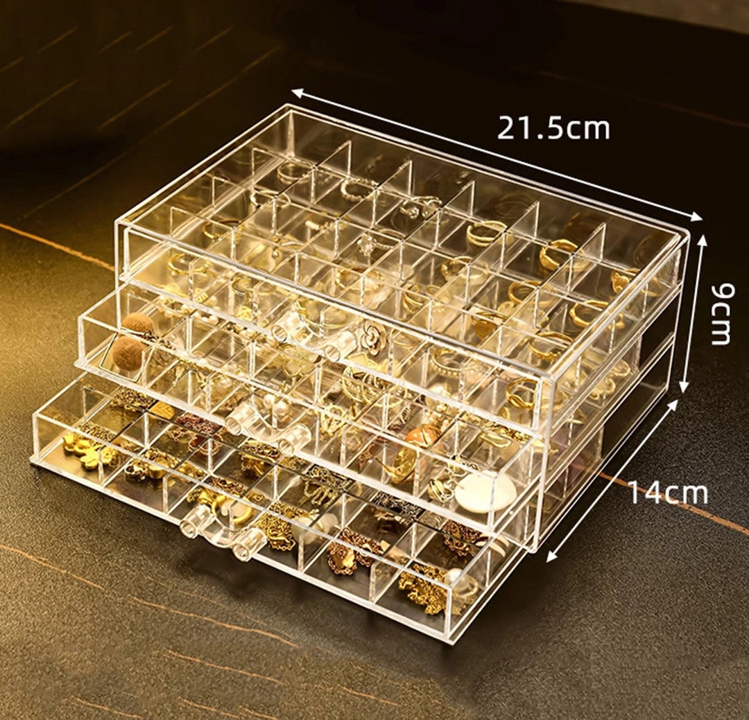 Klarer Acryl-Schmuck-Organizer mit 3 Schubladen, 21,5x14x9cm, ideal zur Aufbewahrung von Ohrringen.