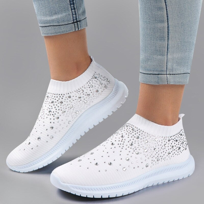 Weiße Damen-Sneaker mit Strass, atmungsaktiv, rutschfeste Sohle, modisch, bequem.