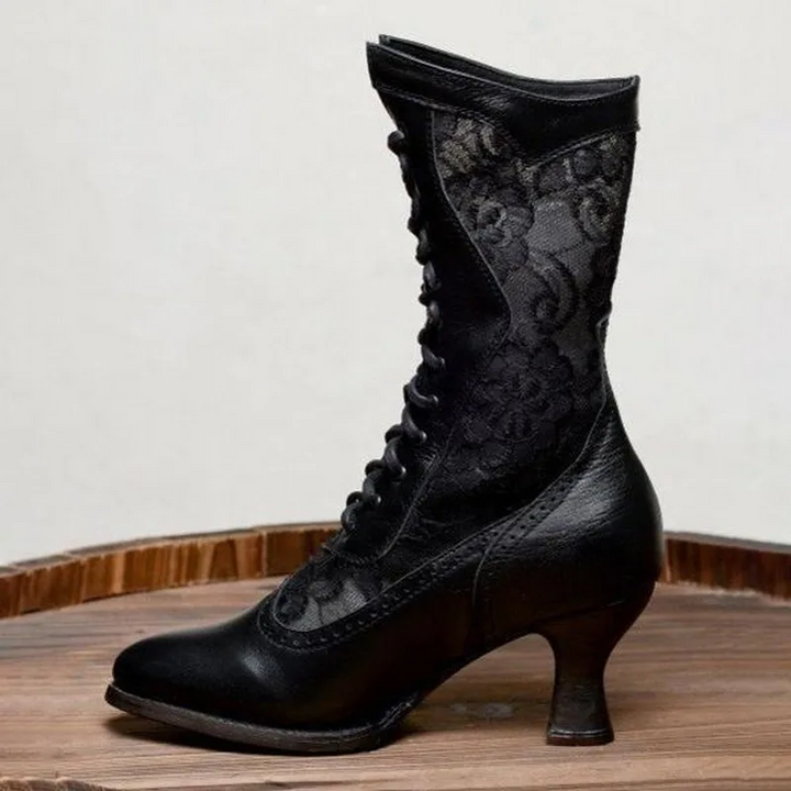 Schwarze Vintage-Damenstiefeletten, viktorianisch, spitze Zehen, Schnürung, PU, hoher Absatz.