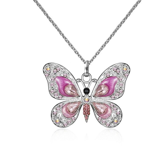 Silberne Schmetterling Halskette mit rosa Kristallen, Damen Schmuck, Party Geschenk.