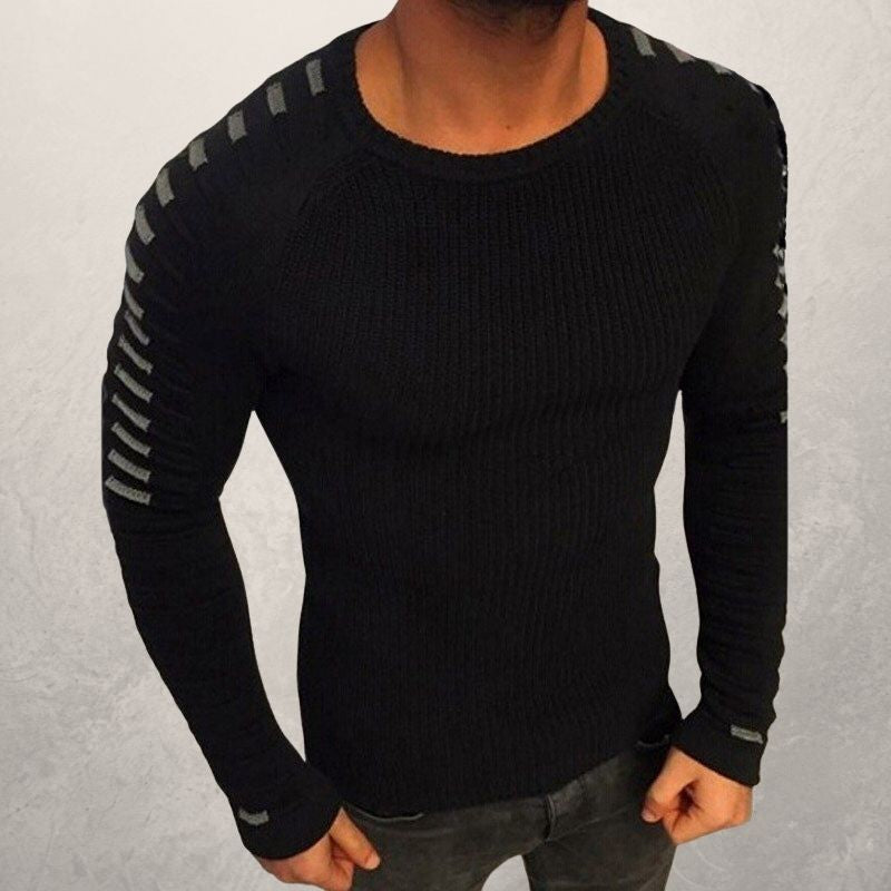 Schwarzer Herrenpullover, Strick, Langarm, modisches Design, ideal für Herbst und Winter.