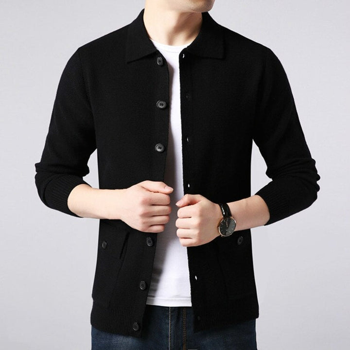 Schwarze Herren-Strickjacke, Knopfleiste, Langarm, lässig, Baumwolle, modisch, elegant.