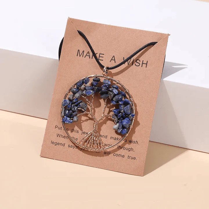 Baum-des-Lebens-Anhänger mit blauen Lapislazuli-Steinen, handgefertigt, Geschenkidee.