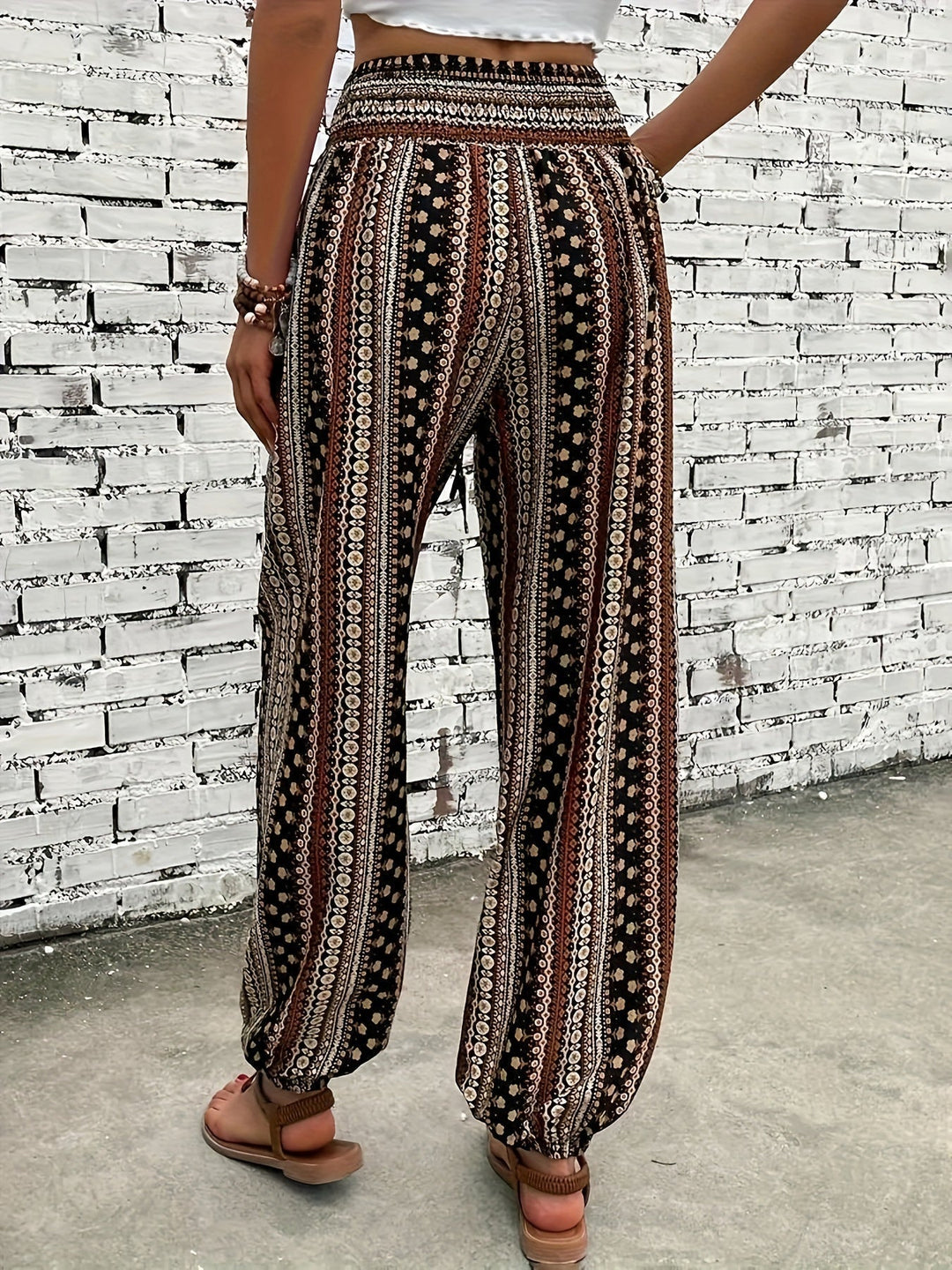 Boho Haremové dámské kalhoty s potiskem a nabíraným pasem – Linara