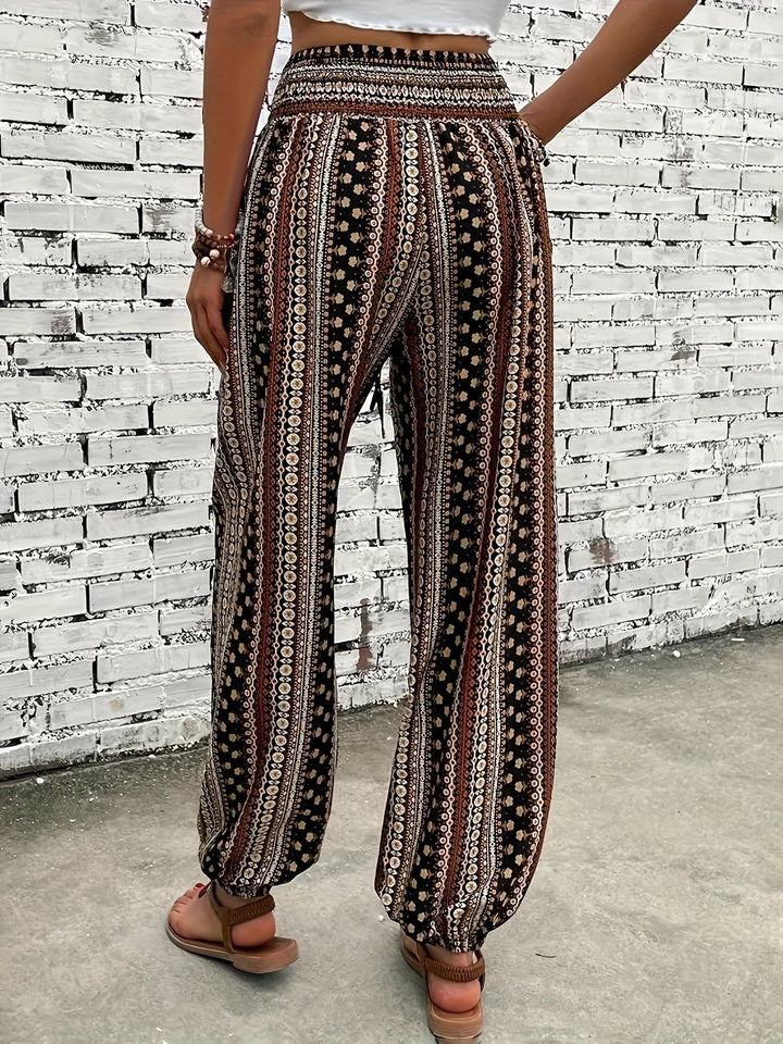 Boho Haremové dámské kalhoty s potiskem a nabíraným pasem – Linara