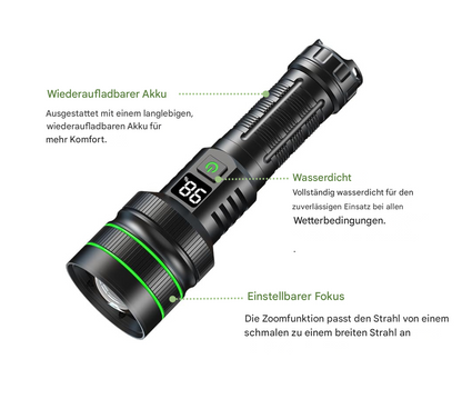 Wasserdichte LED-Taschenlampe, wiederaufladbar, einstellbarer Fokus, schwarz, Outdoor-Einsatz.