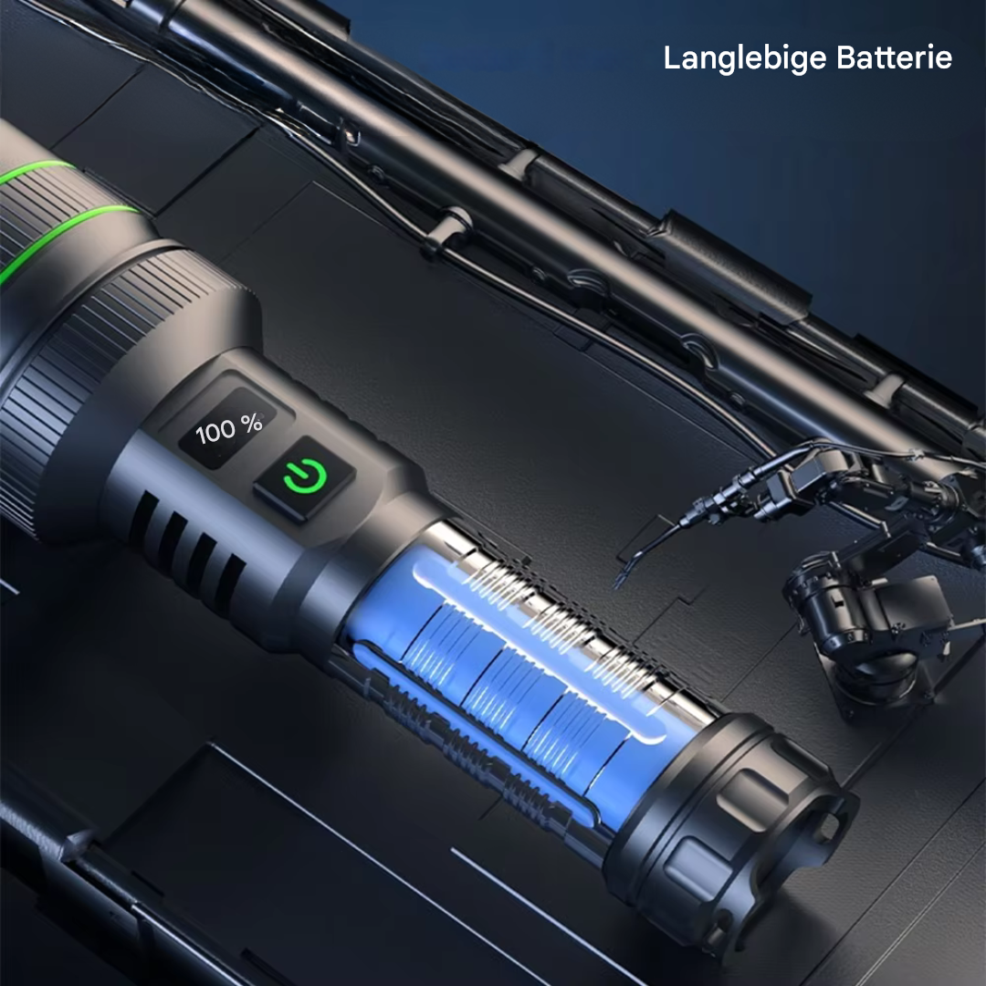 Taktische Taschenlampe mit langlebiger Batterie, schwarz, LED, 100% aufgeladen, robustes Design.