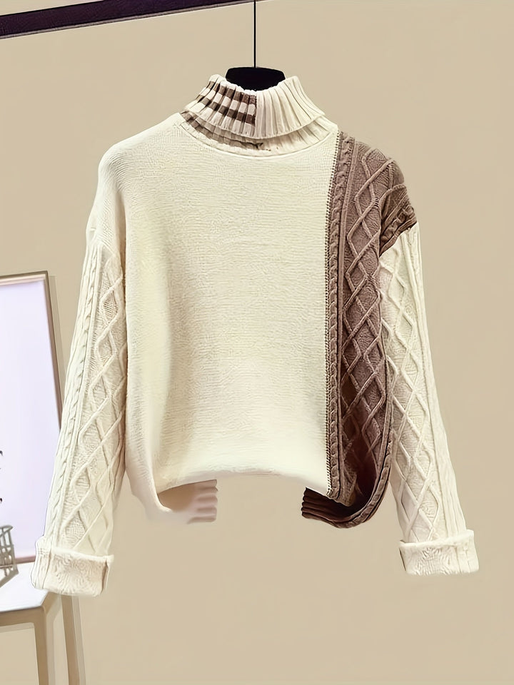 Beige Rollkragenpullover mit Zopfmuster, Strick, Damenmode, Herbst-Winter, elegant, warm.
