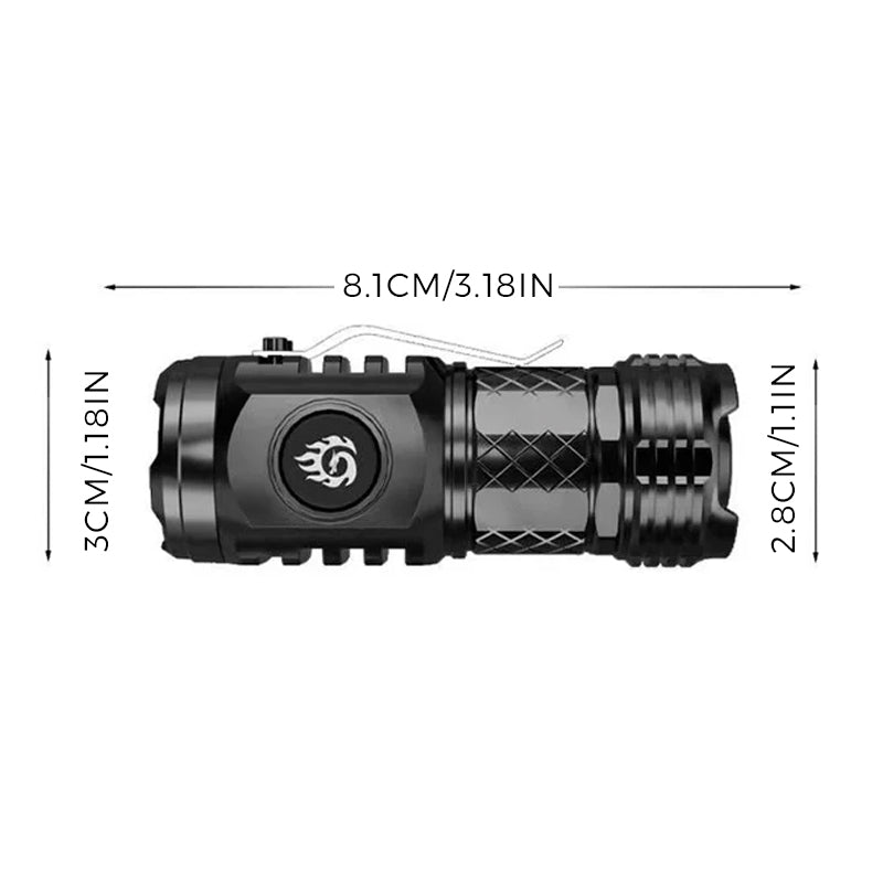 Schwarze LED-Taschenlampe, kompakt, 8,1 cm, robustes Design, ideal für Outdoor-Aktivitäten.