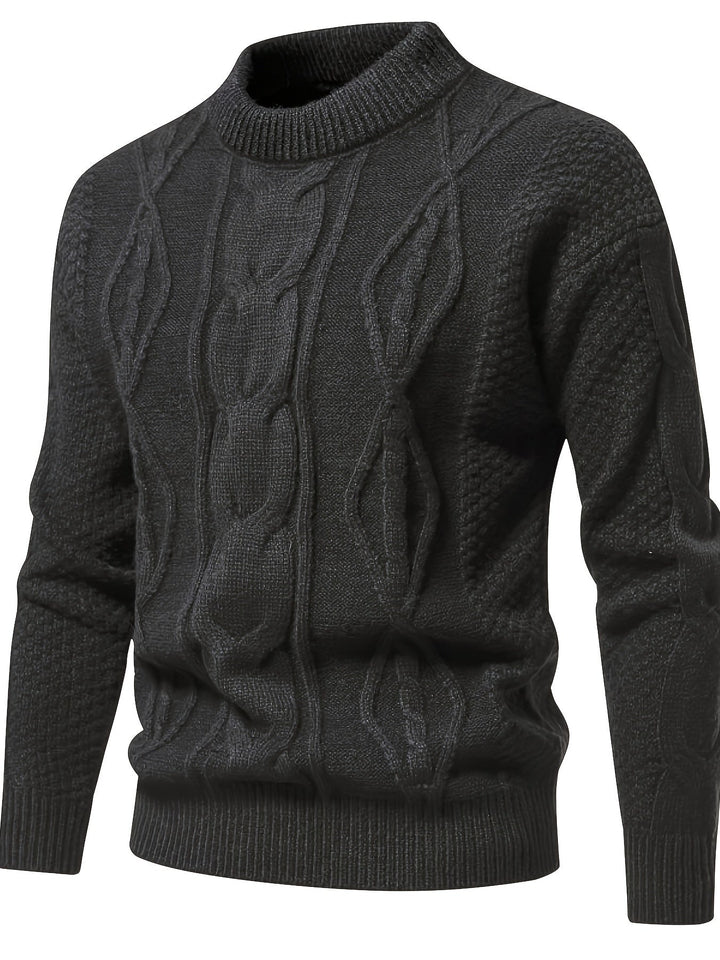 Dunkelgrauer Strickpullover, Zopfmuster, Herrenmode, warm, elegant, Winterkleidung.