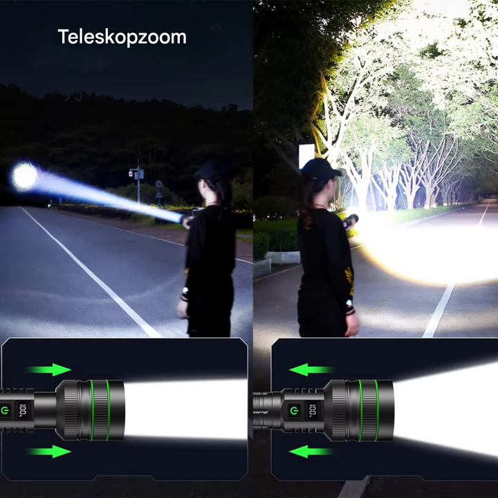 Leistungsstarke LED-Taschenlampe mit Teleskopzoom, Nachtbeleuchtung, schwarz, Outdoor-Einsatz.