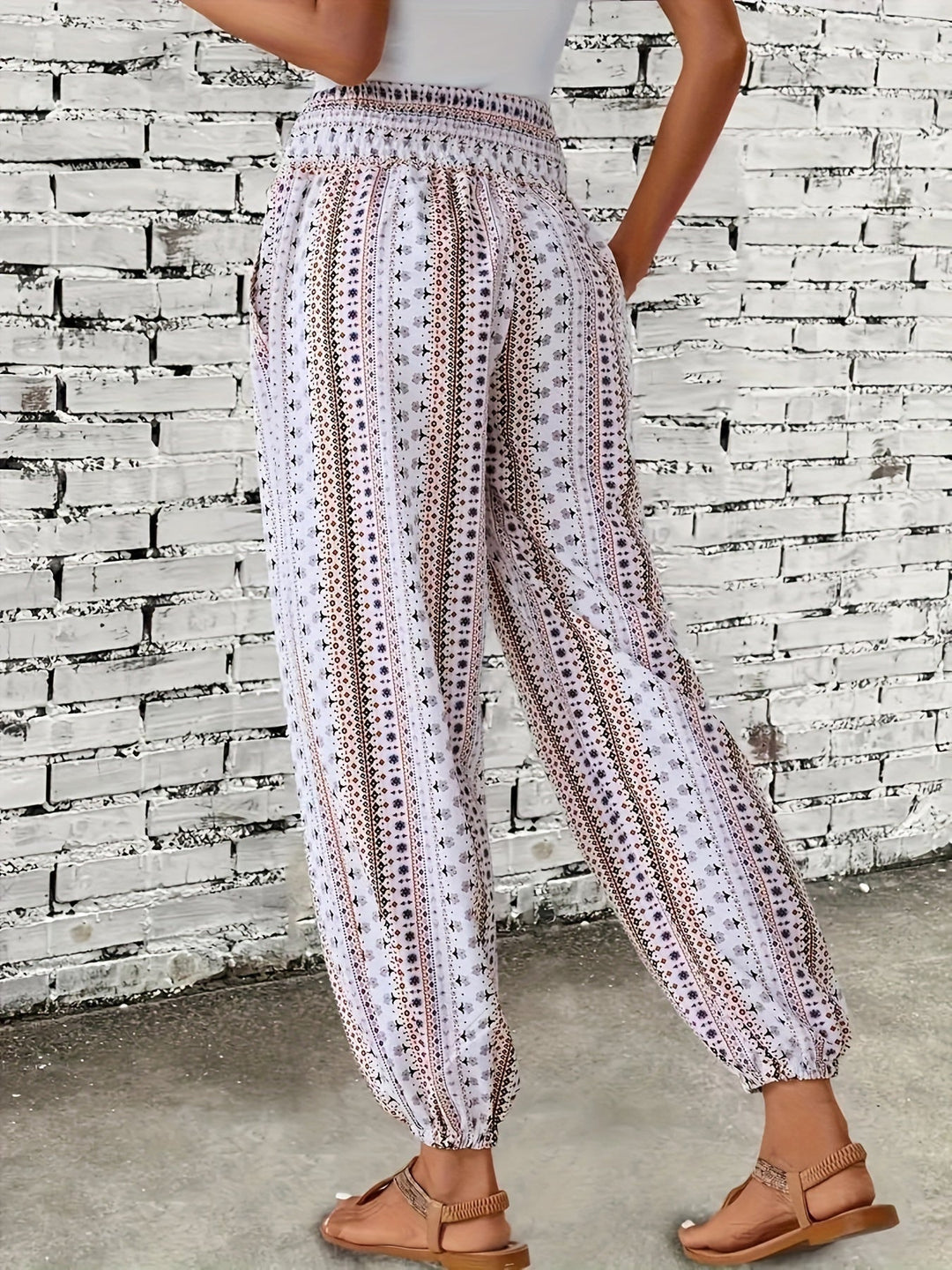 Boho Haremové dámské kalhoty s potiskem a nabíraným pasem – Linara