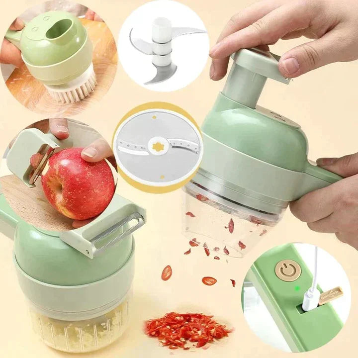 4-in-1 elektrischer Gemüseschneider, grün, USB, multifunktional, Küchenwerkzeug, langlebig.