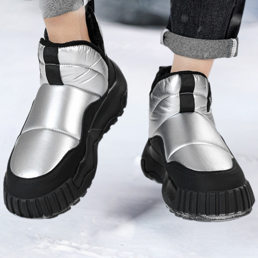 Silberne Winterstiefel mit schwarzer Sohle, warm gefüttert, für Herren, modisch und wasserdicht.