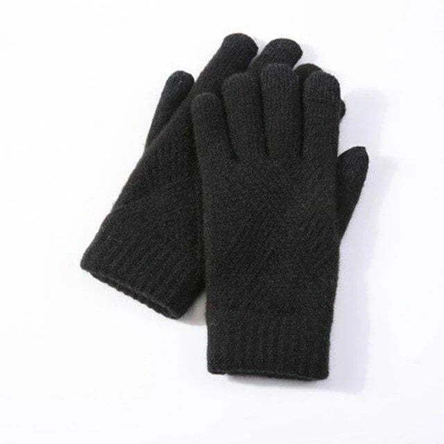 Schwarze Wollhandschuhe, warm, wintertauglich, unisex, gestrickt, modisch, bequem.