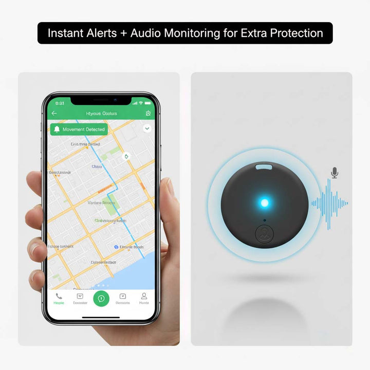 Rozdělený snímek: telefon s mapou a hlášením o zjištěném pohybu vlevo, černý tracker se svítící modrou diodou a zvukovými vlnami vpravo. 5