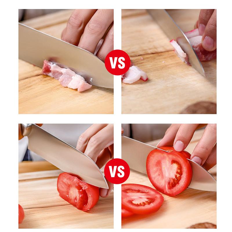 Vier Bilder von Messern, die Fleisch und Tomaten schneiden, Vergleich von Schneidleistung.
