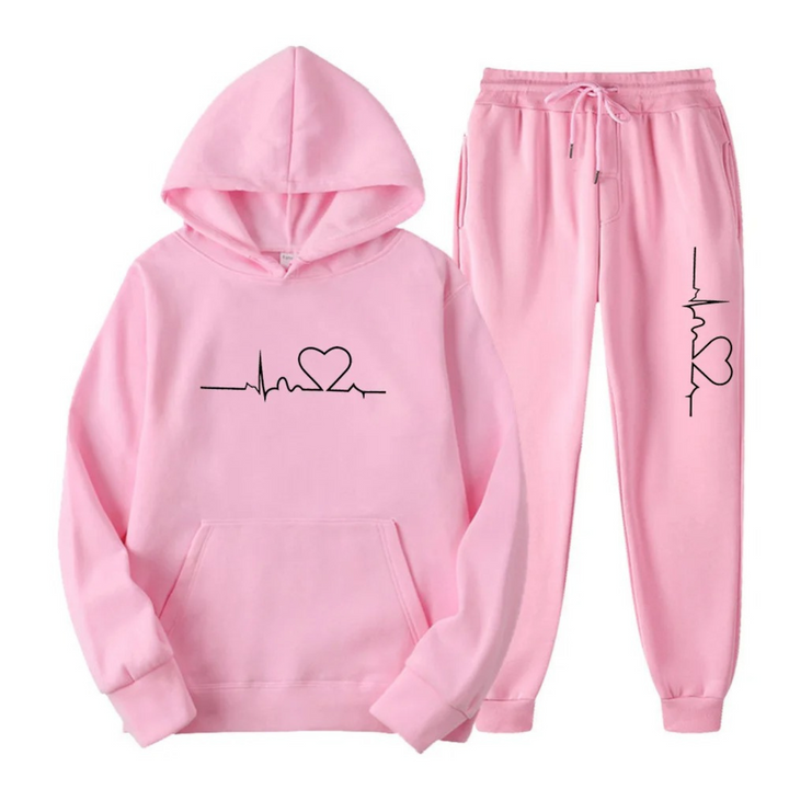 Rosa Damen-Hoodie und Jogginghose Set mit Herz-EKG-Design, Baumwolle, Freizeitkleidung.