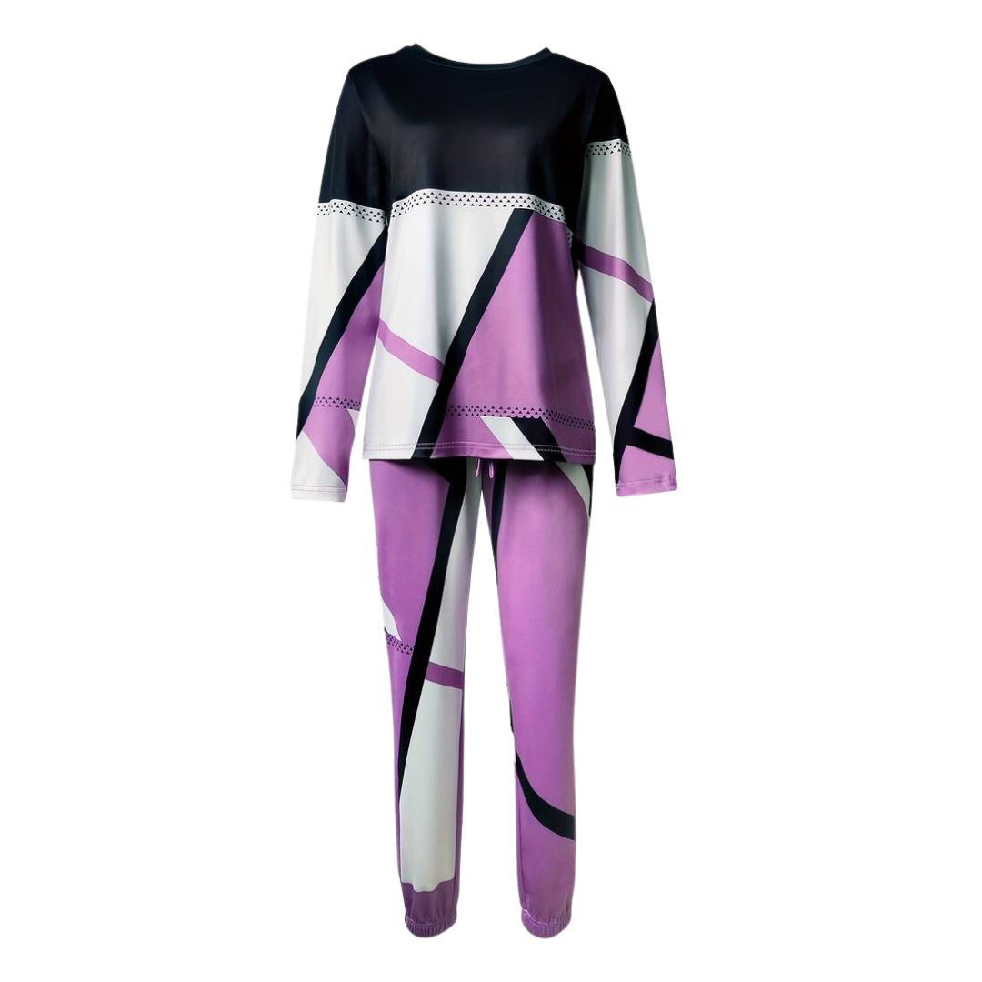 Damen Pyjama-Set, lila-schwarz-weiß, geometrisches Muster, langärmelig, bequem, Nachtwäsche.