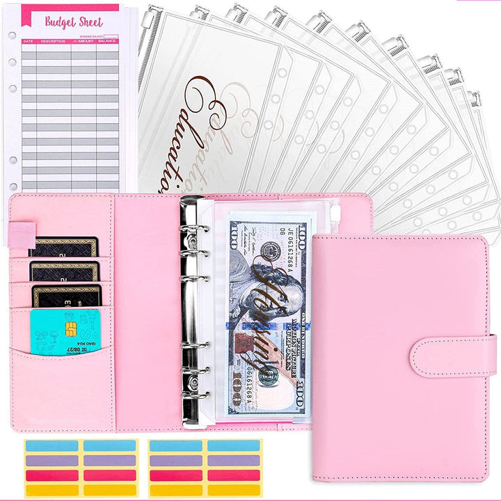 Rosa Budgetplaner-Mappe mit Geldumschlägen, Budgetblättern und Kartenfächern, Organizer-Set.