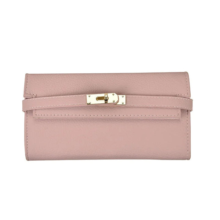 Rosa Leder-Geldbörse mit goldener Schnalle, Damen-Portemonnaie, elegant und stilvoll.