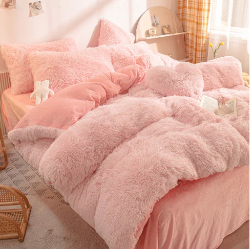 Rosa Plüsch-Bettwäsche-Set, flauschig, gemütlich, Schlafzimmer-Dekor, Kissen, Tageslicht